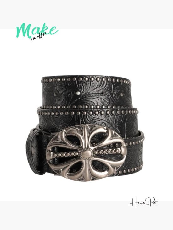PU Leather Studded Western Belt with Carved Flower Buckle main image 6